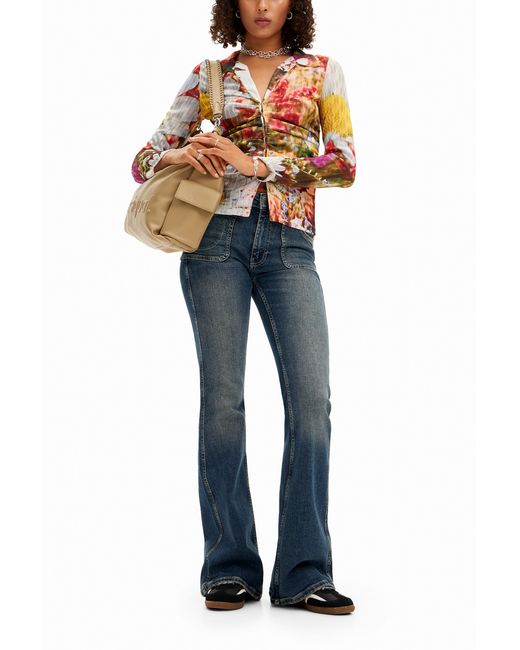 Desigual White Floral Ruched T-Shirt, Polyester