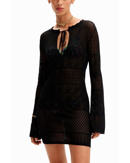 Desigual Black Short Openwork Tunic Dress