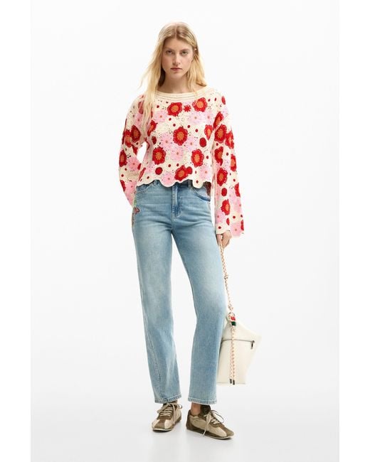 Desigual Red Crochet Flower Sweater