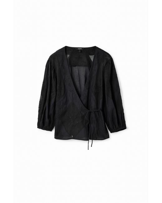 Desigual Black Embroidered Wrap Blouse, Cotton