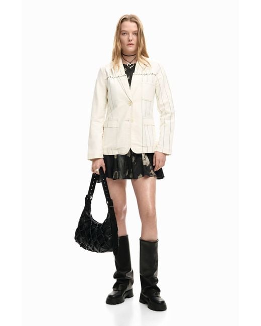 Desigual White Asymmetrical Striped Blazer, Cotton