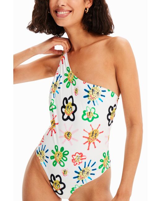 Desigual White Asymmetric-Strap Sun Swimsuit