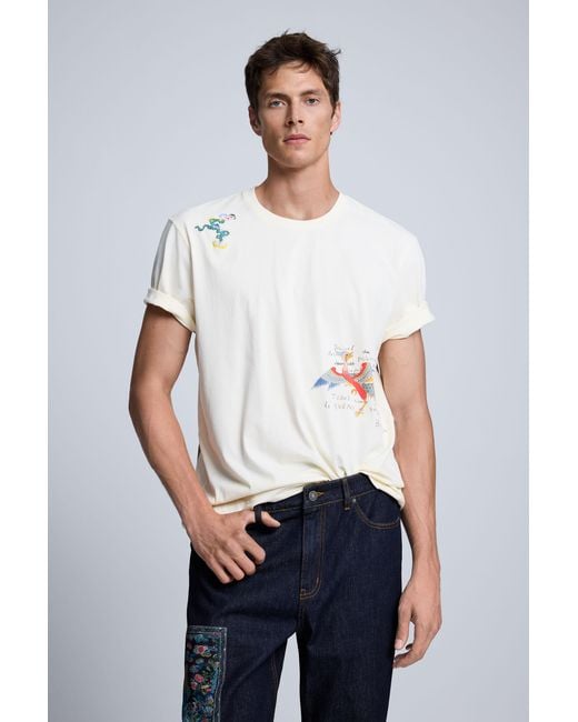 Desigual White Embroidered T-Shirt, Cotton for men