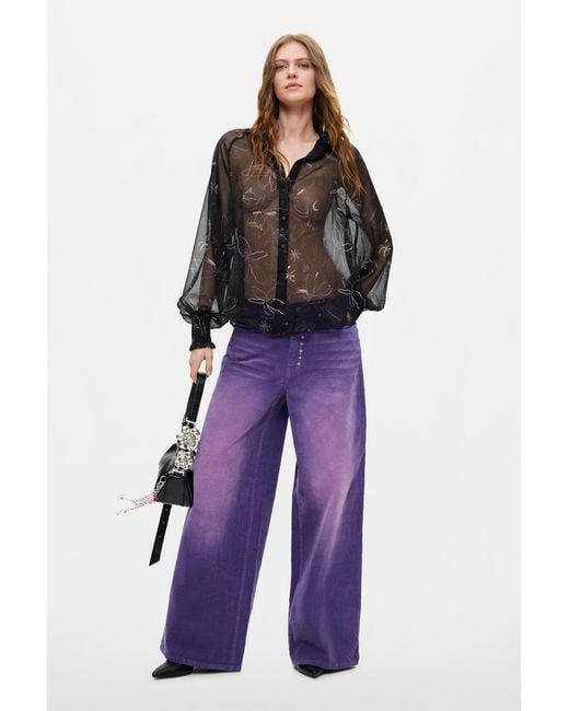 Desigual Purple Wide-Leg Corduroy Trousers, Cotton