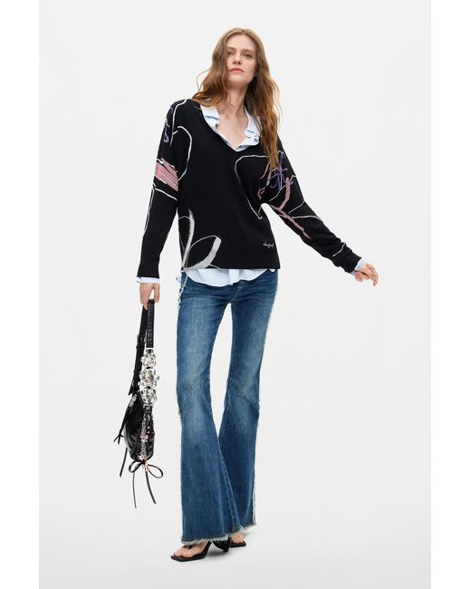 Desigual Blue Fine Knit Printed Sweater