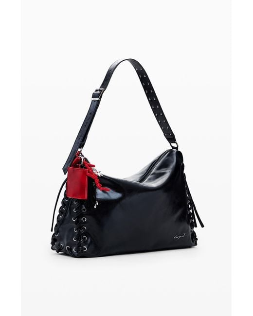 Desigual Black Large Shiny Woven Bag, Polyurethane