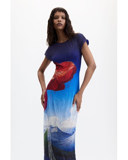 Desigual Blue Printed Short-Sleeve Dress, Polyester