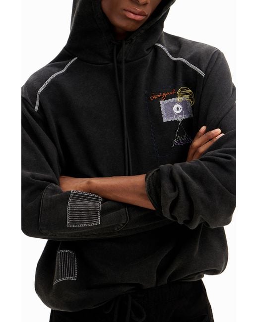 Desigual Black Patchwork Message Hoodie for men