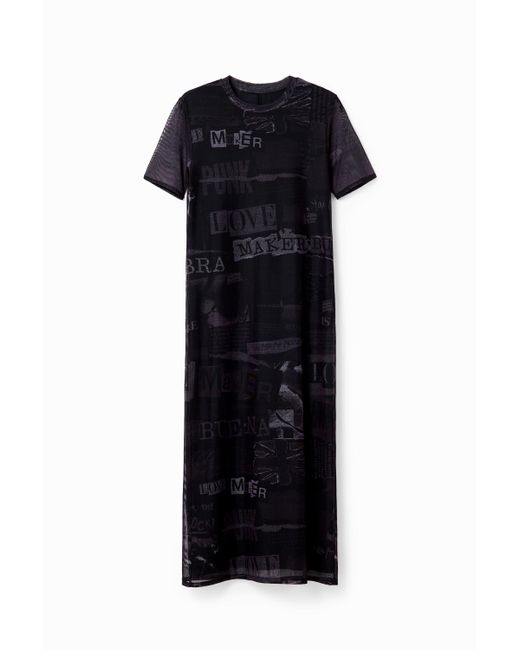 Desigual Black Tulle Newspaper Midi Dress