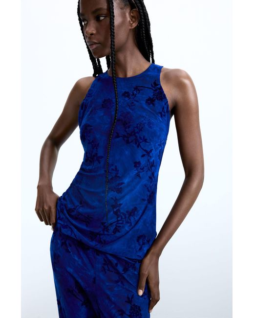 Desigual Blue Flocked Strappy T-Shirt, Polyester