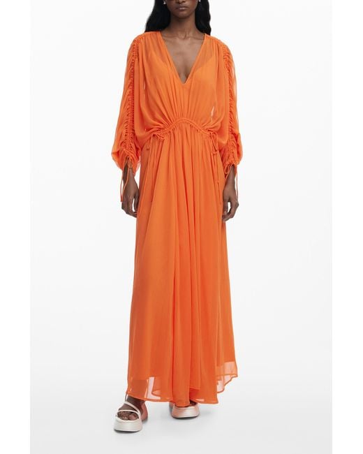 Desigual Orange Flowy Long Dress, Polyester