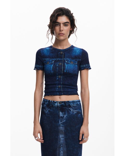 Desigual Blue Denim Effect T-Shirt, Cotton