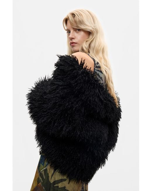 Desigual Black Synthetic Fur Coat, Polyester