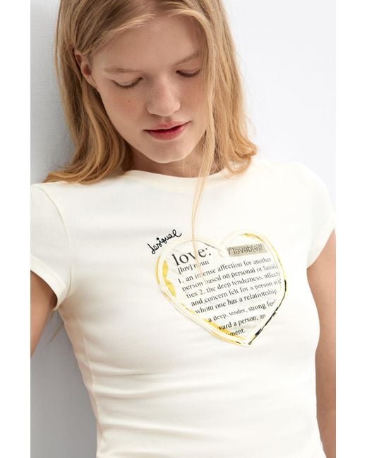 Desigual White T-Shirt With Message Print, Cotton