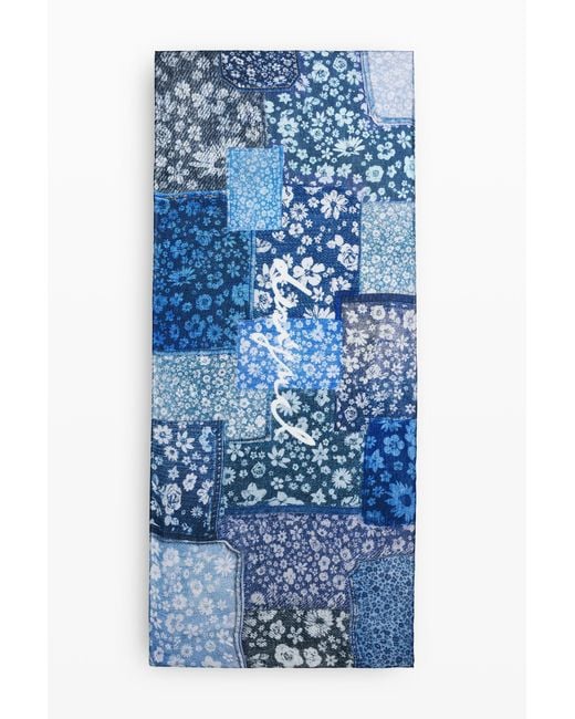 Desigual Blue Rectangular Denim Patch Scarf, Viscose