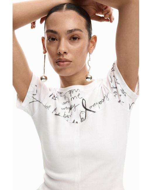 Desigual White T-Shirt Rib Lettering, Cotton