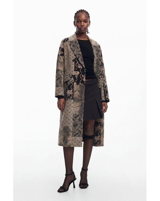 Desigual Black Long Patch Coat, Polyester