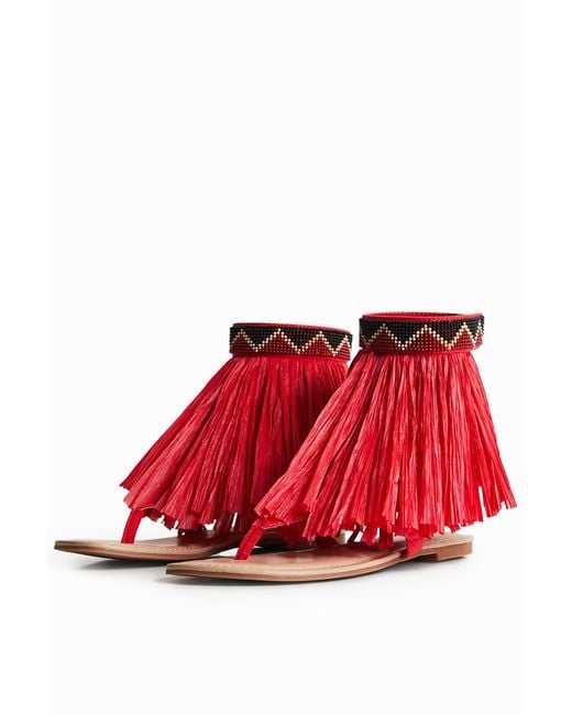 Desigual Red Stella Jean Fringed Flat Sandal, Polyester