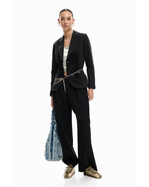 Desigual Black Striped Patch Blazer, Polyester
