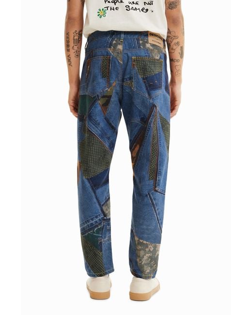 Desigual Blue Relaxed Patchwork Jeans, Cotton for men