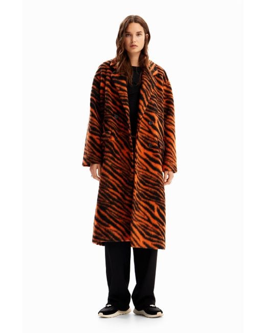 Desigual Red Long Tiger Print Wool Coat