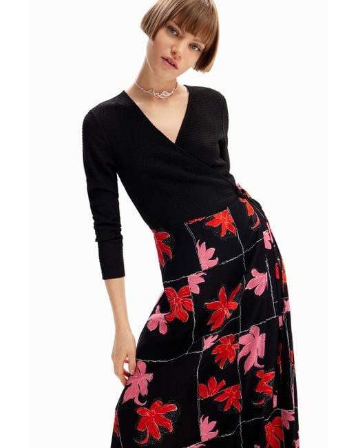 Desigual Black Floral Wrap Midi Dress