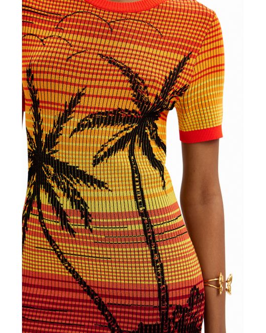 Desigual Red Short Knit Palm Tree Dress