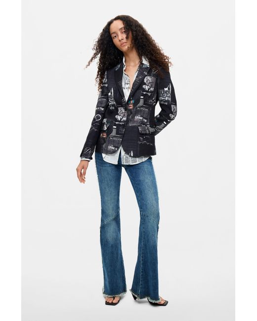 Desigual Black Patchwork Printed Blazer, Cotton