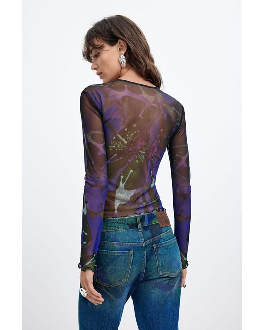Desigual Blue Printed Tulle T-Shirt M. C. Lacroix, Polyester