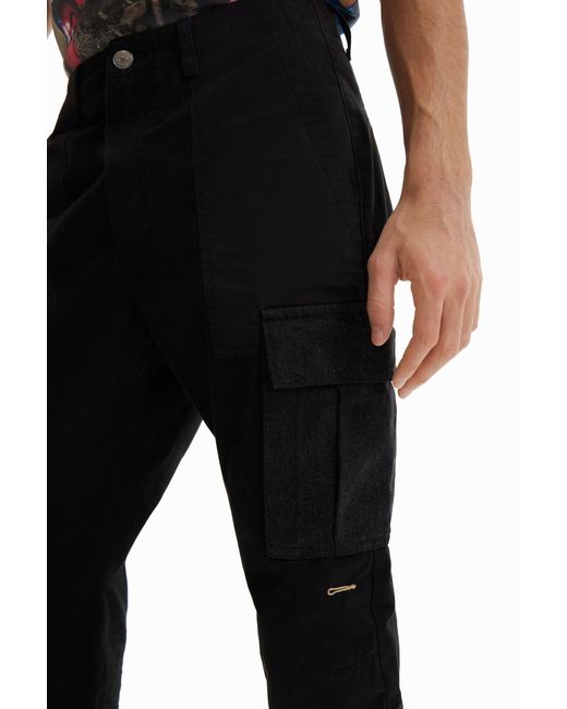 Desigual Black Patchwork Cargo Trousers, Cotton for men