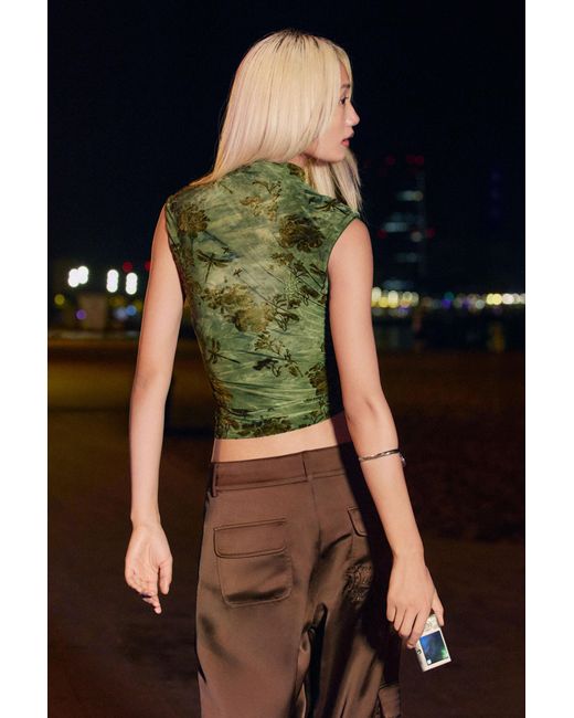 Desigual Green Printed Flocked Top, Polyester