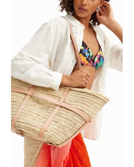 Desigual Natural L Leather Wicker Basket, Straw