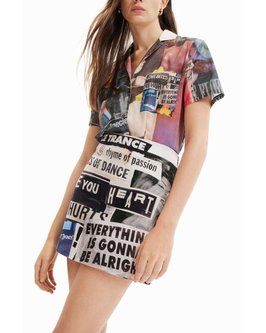 Desigual Multicolor Slim Newspaper Mini Skirt, Cotton