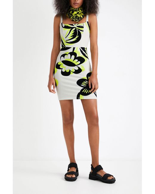 Desigual White Short Floral Dress, Viscose