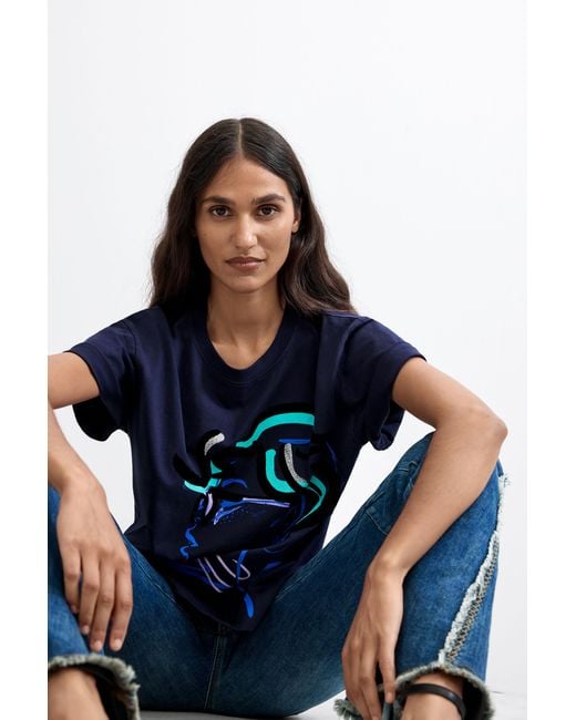 Desigual Blue Printed T-Shirt 100% Cotton, Cotton