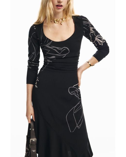 Desigual Black Midi Floral Dress, Viscose