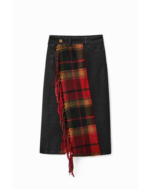 Desigual Red Tartan Denim Midi Skirt