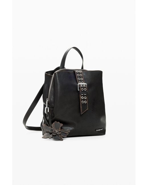 Desigual Black Small Backpack Appliques Flowers, Polyurethane
