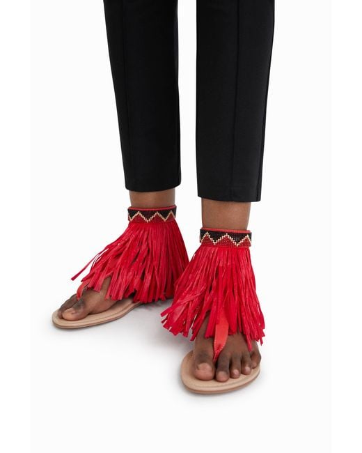Desigual Red Stella Jean Fringed Flat Sandal, Polyester