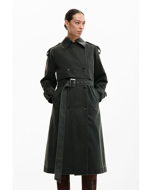 Desigual Black Trench Coat Suede Effect, Polyurethane