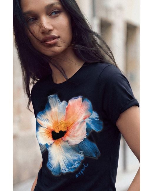 Desigual Blue Big Flower T-Shirt, Cotton