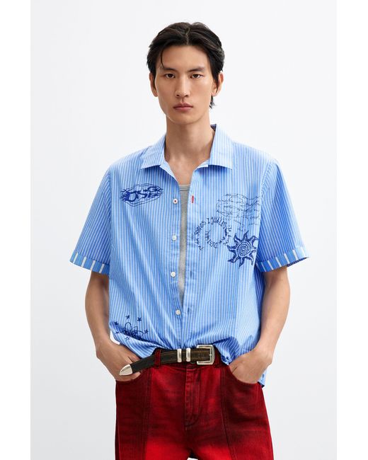 Desigual Blue Short Printed Cotton Shirt, Cotton for men
