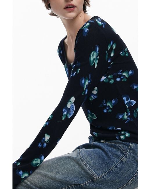 Desigual Blue Fruit Sweater With Mock Neck