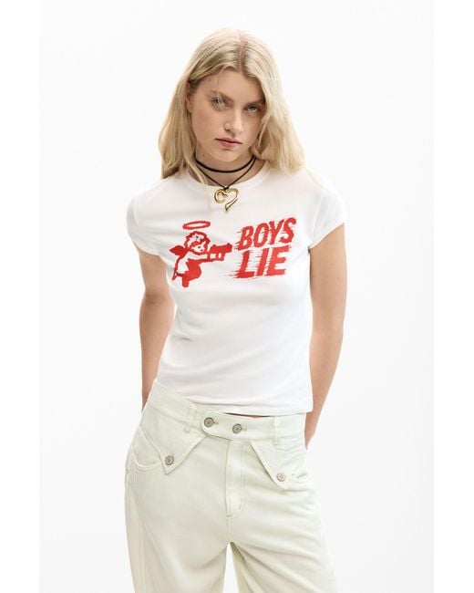 Camiseta Ajustada Boys Lie, Mujer, Algodon, Blanco Desigual de color White