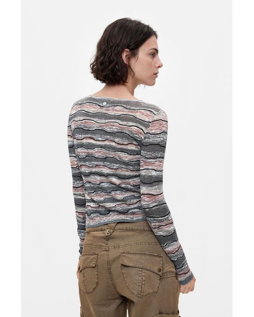 Desigual Gray Fine Striped Sweater