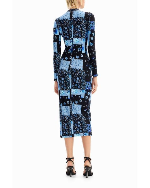 Desigual Blue Floral Ribbed Midi Dress, Viscose