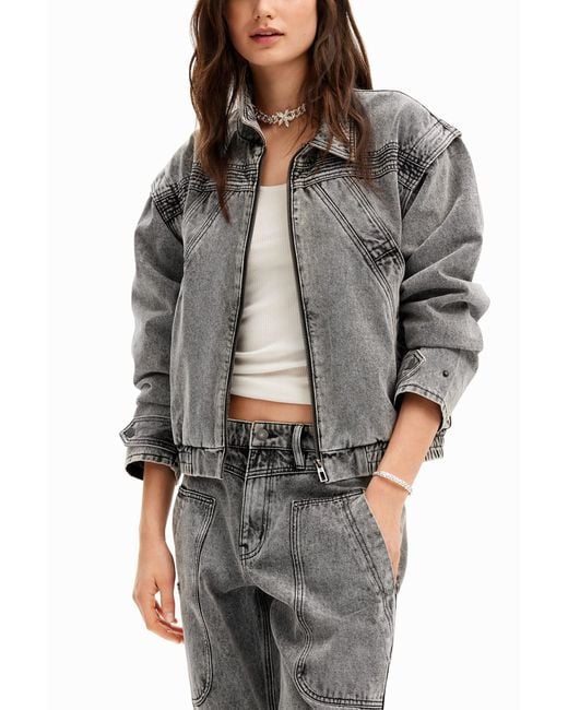 Desigual Gray Denim Detachable Sleeve Jacket, Cotton