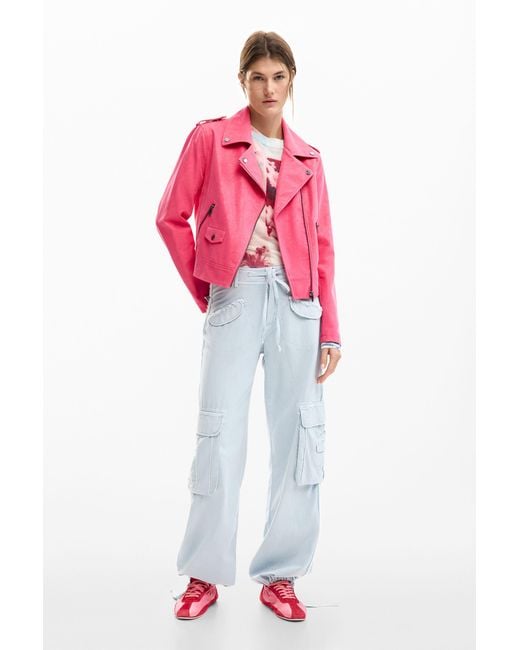 Desigual Red Biker Jacket Leather Effect, Polyurethane