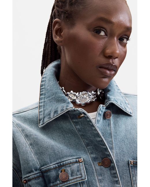 Desigual Blue Embroidered Denim Jacket, Cotton
