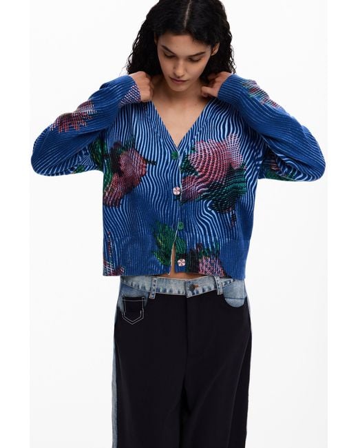 Desigual Blue Floral Cardigan Sweater, Cotton